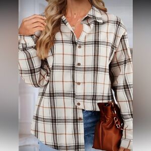 SHEIN Cream and Brown Plaid Button-Down Shirt